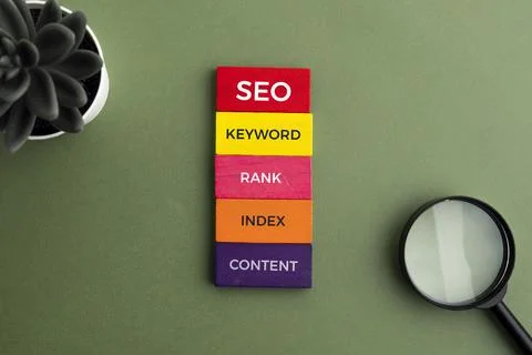 Search Engine Optimization concept. Blocks with words SEO, keyword, rank, i.. Stock Photos