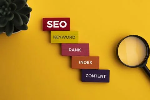 Search Engine Optimization concept. Blocks with words SEO, keyword, rank, i.. Stock Photos