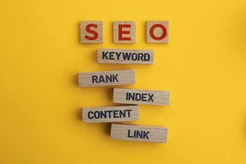 Search Engine Optimization concept. Blocks with words SEO, keyword, rank, i.. Stock Photos