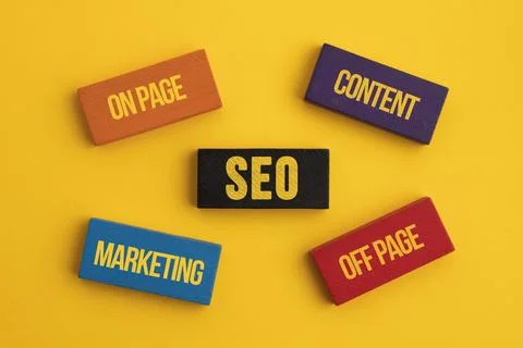 Search Engine Optimization concept. Blocks with words SEO, keyword, rank, i.. Stock Photos
