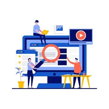 Search engine optimization concept with character. People create SEO and we.. 스톡 일러스트