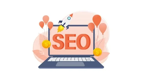 Search engine optimization concept with laptop, rocket and balloons on white and Stock Footage 319024178