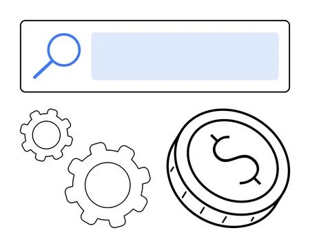 Search Engine Optimization Concept with Search Bar, Gears, and Dollar Coin Stock Illustration