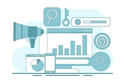 Search engine optimization concepts, SEO, search engine optimization algorithms. Stock Illustration