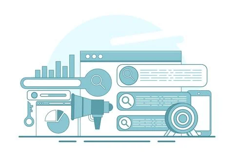 Search engine optimization concepts, SEO, search engine optimization algorithms. Stock Illustration