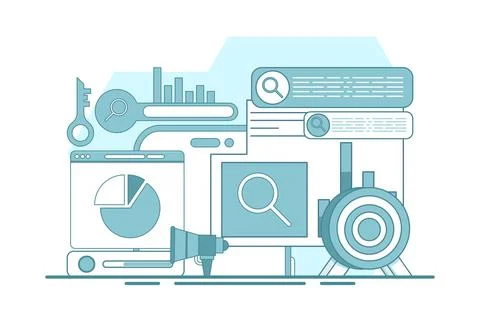 Search engine optimization concepts, SEO, search engine optimization algorithms. Stock Illustration