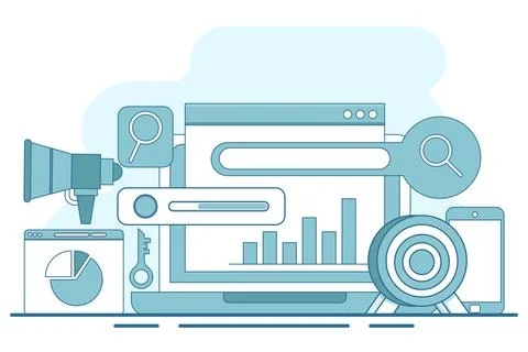 Search engine optimization concepts, SEO, search engine optimization algorithms. Stock Illustration