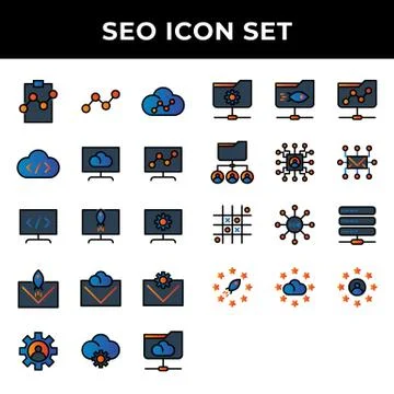 Search engine optimization icon set include clipboard,link,cloud,storage,comp Stock Illustration