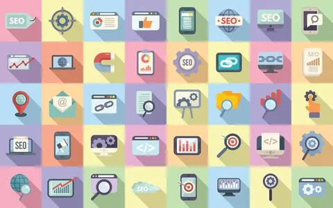 Search engine optimization icons set flat vector. Search global Illustrazione stock