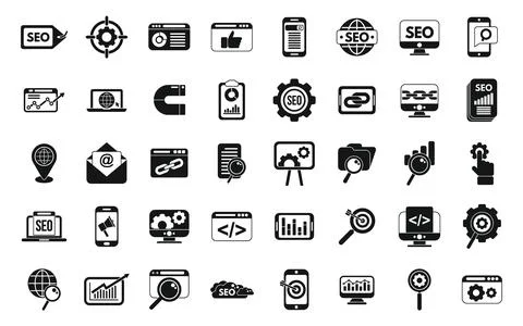 Search engine optimization icons set simple vector. Search global Stockillustratie