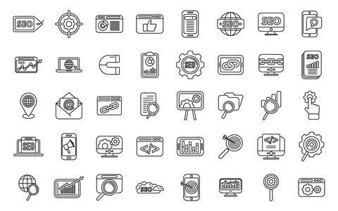 Search engine optimization icons set outline vector. Search global 스톡 일러스트