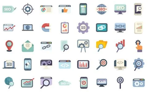 Search engine optimization icons set flat vector. Search global Stock Illustration