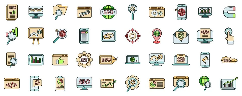 Search engine optimization icons set vector color line Illustrazione stock