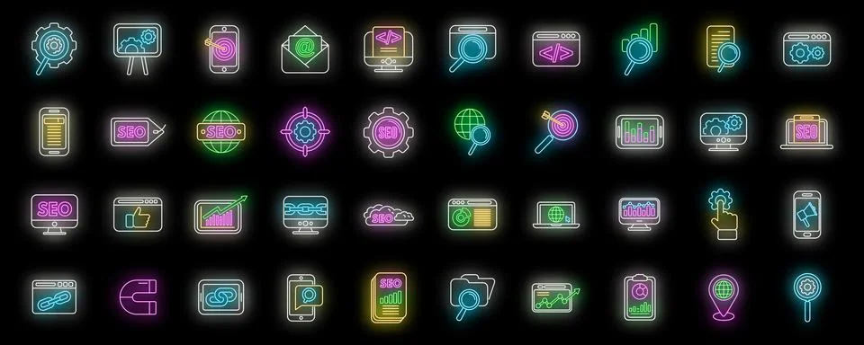 Search engine optimization icons set vector neon Stockillustratie