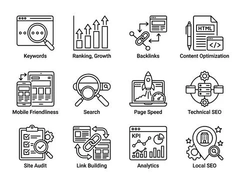 Search engine optimization icons set for website ranking, content optimizat.. Illustrazione stock