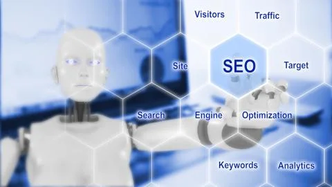Search engine optimization keywords presented by robot Illustrazione stock