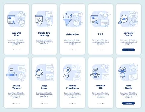 Search engine optimization light blue onboarding mobile app screen set Stock Illustration