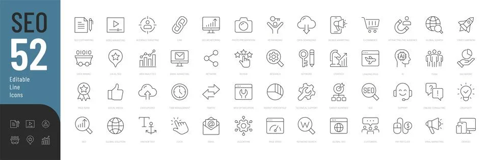 Search Engine Optimization Line Editable Icons set. Illustrazione stock