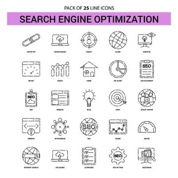 Search Engine Optimization Line Icon Set - 25 Dashed Outline Style Stock Illustration