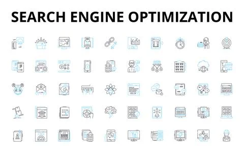 Search engine optimization linear icons set. Ranking, Keywords, Algorithm Stock Illustration