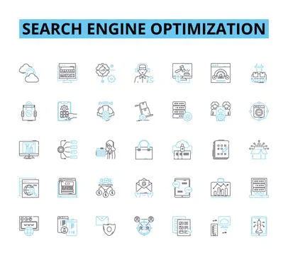 Search engine optimization linear icons set. Ranking, Keywords, Algorithm Stock Illustration