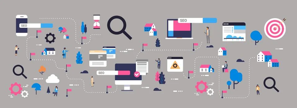 Search engine optimization map customer product moving website promotion seo Stock Illustration