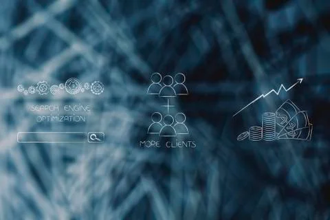 From search engine optimization mechanism to More clients icon to profit grow Illustrazione stock