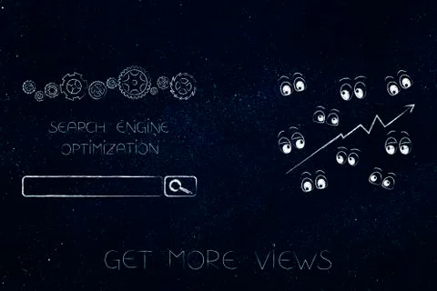 Search engine optimization mechanism next to Get More Views icon with eyes an イラスト素材