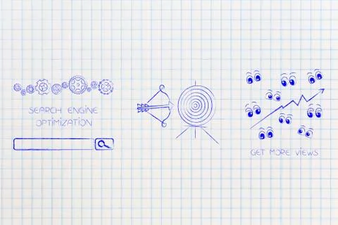 Search engine optimization mechanism next to target with Get More Views icon  イラスト素材