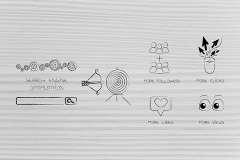 Search engine optimization mechanism next to target and More followers views  Stock Illustration