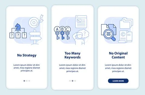 Search engine optimization mistakes light blue onboarding mobile app screen Illustrazione stock