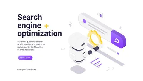 Search Engine Optimization Modern Isometric Banner Template with Robot and .. 스톡 일러스트