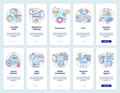Search engine optimization onboarding mobile app screen set Stock Illustration