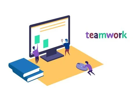 Search engine optimization people working together monitoring using magnifier Stock Illustration