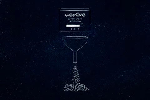 Search engine optimization pop-up going into conversion funnel and resulting  Stock Illustration