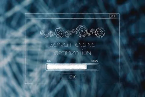Search engine optimization pop-up loading with progress bar and gearwheel mec Stock Illustration