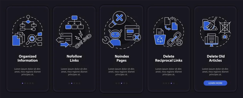 Search engine optimization principle night mode onboarding mobile app screen Stock Illustration