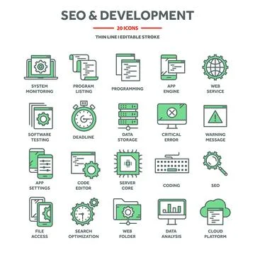Search engine optimization, SEO and development. Internet technology, online Illustrazione stock