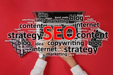 Search engine optimization (SEO). Cloud of words above copywriter with lapt.. Stock Photos