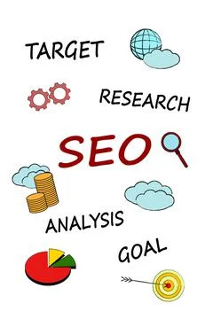 Search engine optimization (SEO) concept. Different words and drawings on whi Stockillustratie