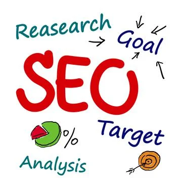 Search engine optimization (SEO) concept. Different words and drawings on whi Illustrazione stock