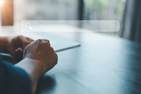 Search Engine Optimization SEO, data searching technology. business hands t.. Stock Photos