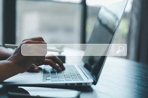 Search Engine Optimization SEO, data searching technology. business hands t.. Stock Photos