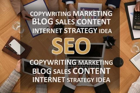 Search engine optimization (SEO). Many terms above marketing team developin.. Stock Photos