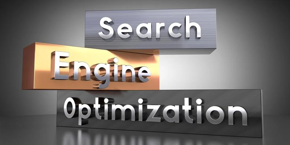 Search engine optimization, SEO - words on metal blocks - 3D illustration 스톡 일러스트