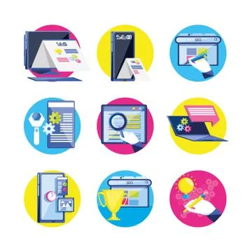 Search engine optimization set icons Stockillustratie