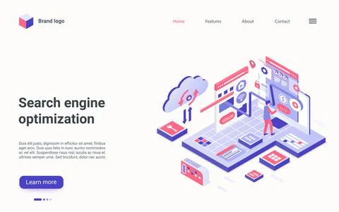 Search engine optimization technology isometric landing page, seo analytics Stock Illustration