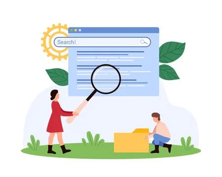 Search engine optimization, tiny people study browser search result with Stockillustratie