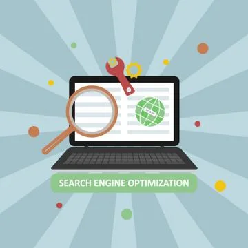 Search engine optimization vector illustration with laptop and icons in the m Stock Illustration