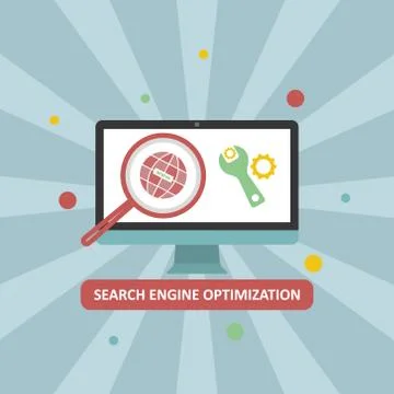 Search engine optimization vector illustration with computer and icons in the Stock Illustration